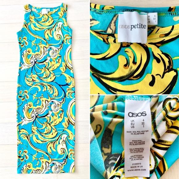 ASOS Petite Aqua Yellow Graphic Stretch Sleeveless Cocktail Sheath Dress Bodycon - Picture 1 of 6